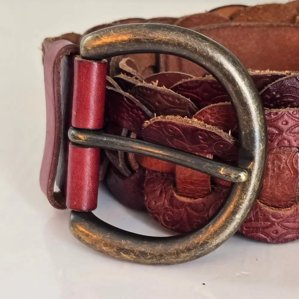 Vintage Fossil Leather Belt Chain Woven Western Tooled Brown Burgundy Cowgirl